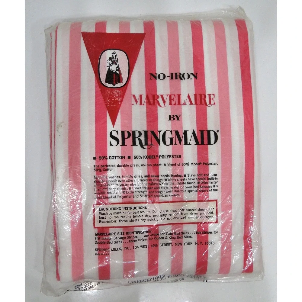 Vintage Springmaid Marvelaire Pink White Striped Double Flat Sheet New USA Made